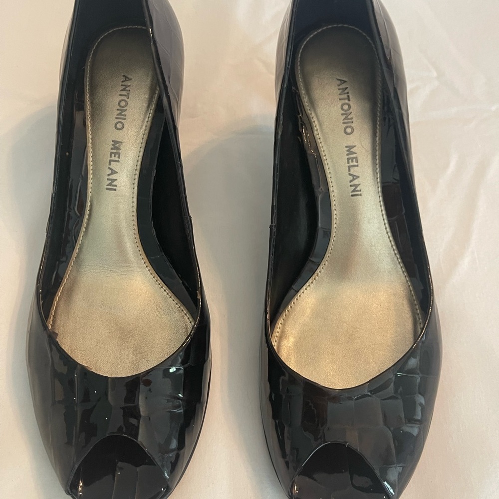 ANTONIO MELANI Black Patent Peep-Toe Heels